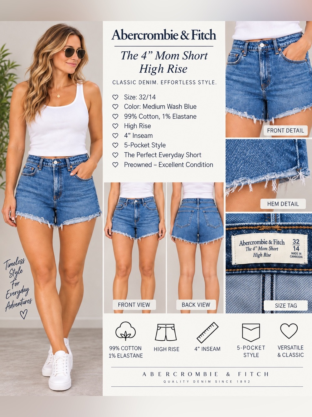 Abercrombie & Fitch The 4” Mom Short High Rise Denim Shorts 32/14